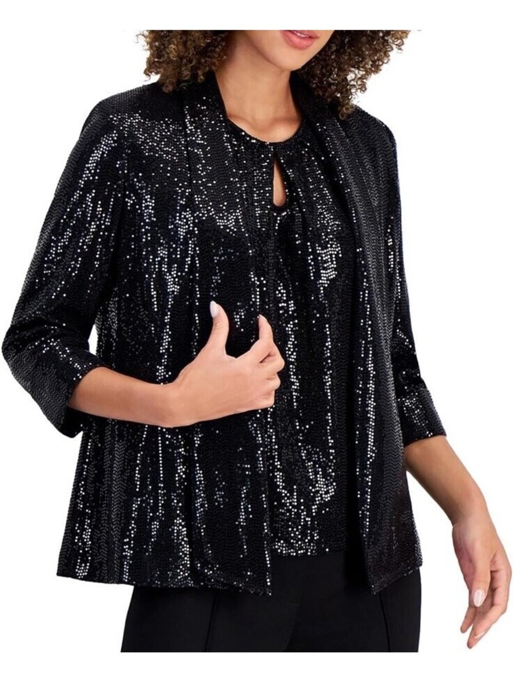 Kasper Sequin Open Front Cardigan Women’s Size 12P Black On Black